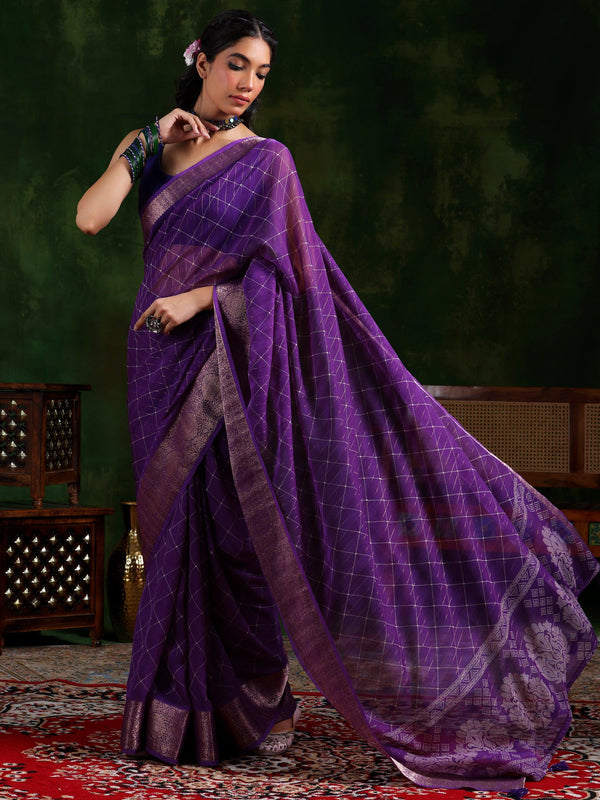 Purple Printed Silk Blend Saree With Unstitched Blouse Piece