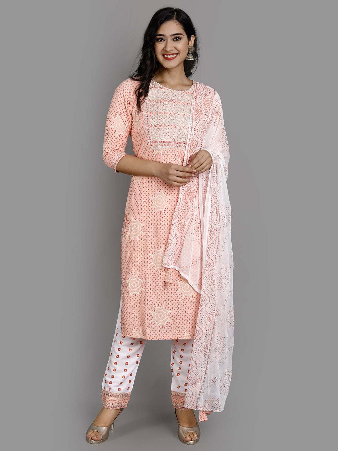 Women's Peach Rayon Kurta Pant And Dupatta Set - Noz2Toz