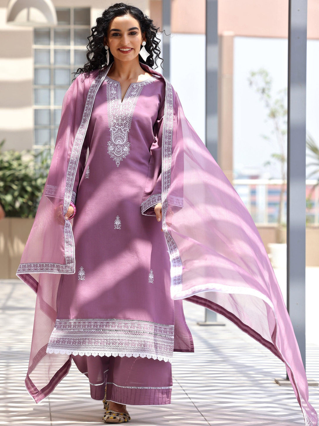 Mauve Embroidered Silk Blend Straight Suit With Dupatta - Jashvi