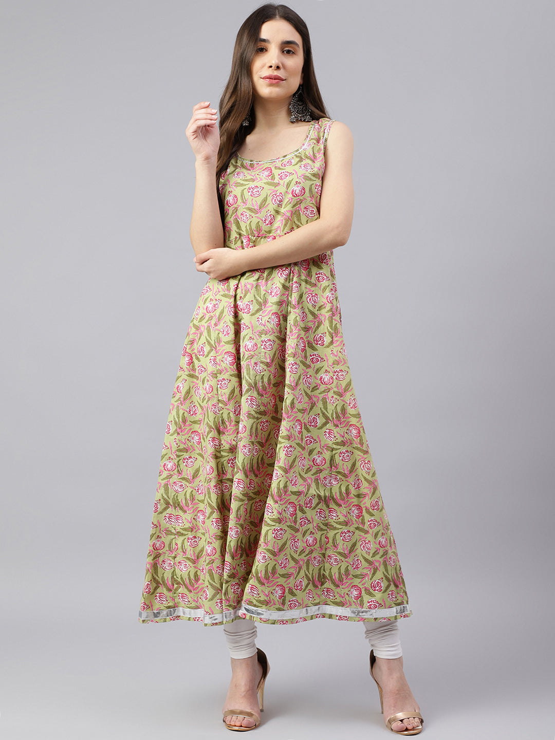 Women's Green Floral Anarkali Kurta - Deckedup