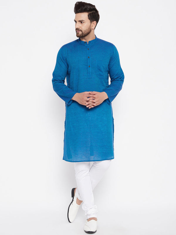 Men's Pure Cotton Blue Straight Kurta - Even Apparels