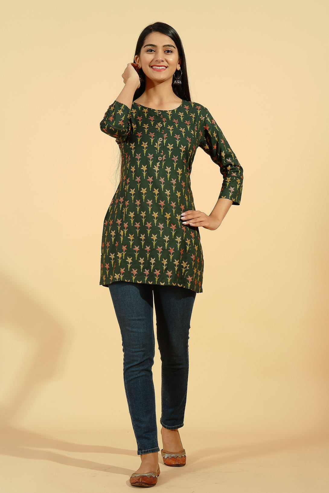 Women's Rayon Printed Straight Tunic (Dark Green) - Kipek