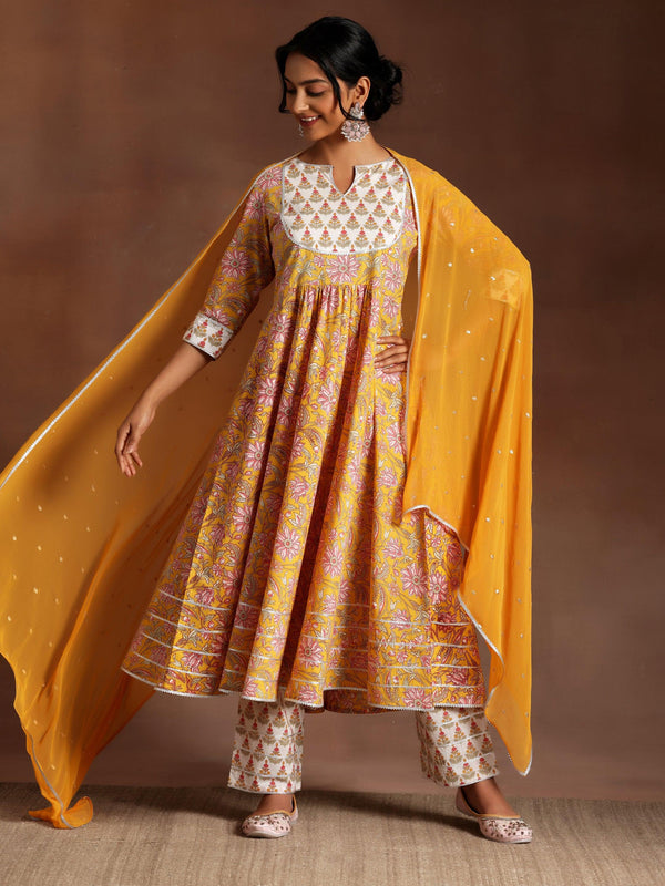 Yellow Printed Cotton Anarkali Suit With Dupatta - Jashvi