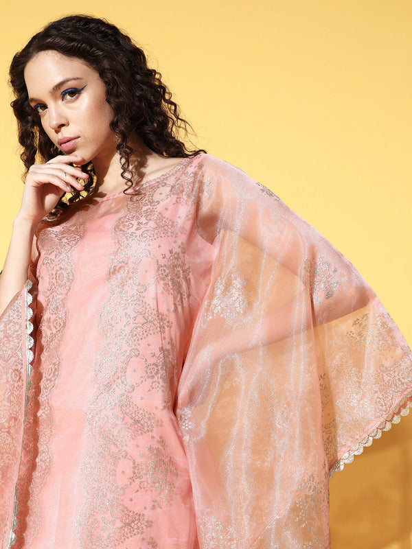 Pink & Gold Printed Gotta Patti Organza Kaftan Kurta