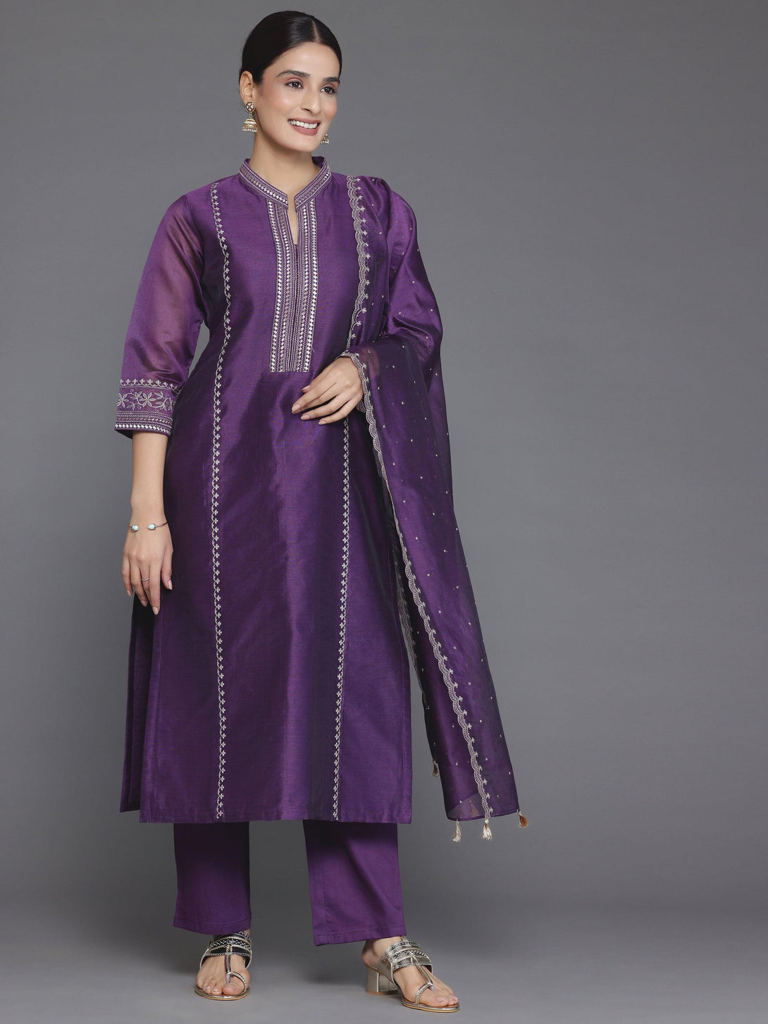 Wine Embroidered Chanderi Silk Straight Suit With Dupatta - Jashvi