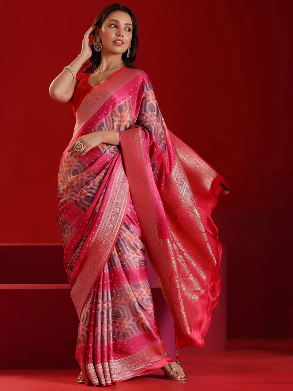 Jashvi Art Red Printed Satin Saree With Unstitched  Blouse Piece