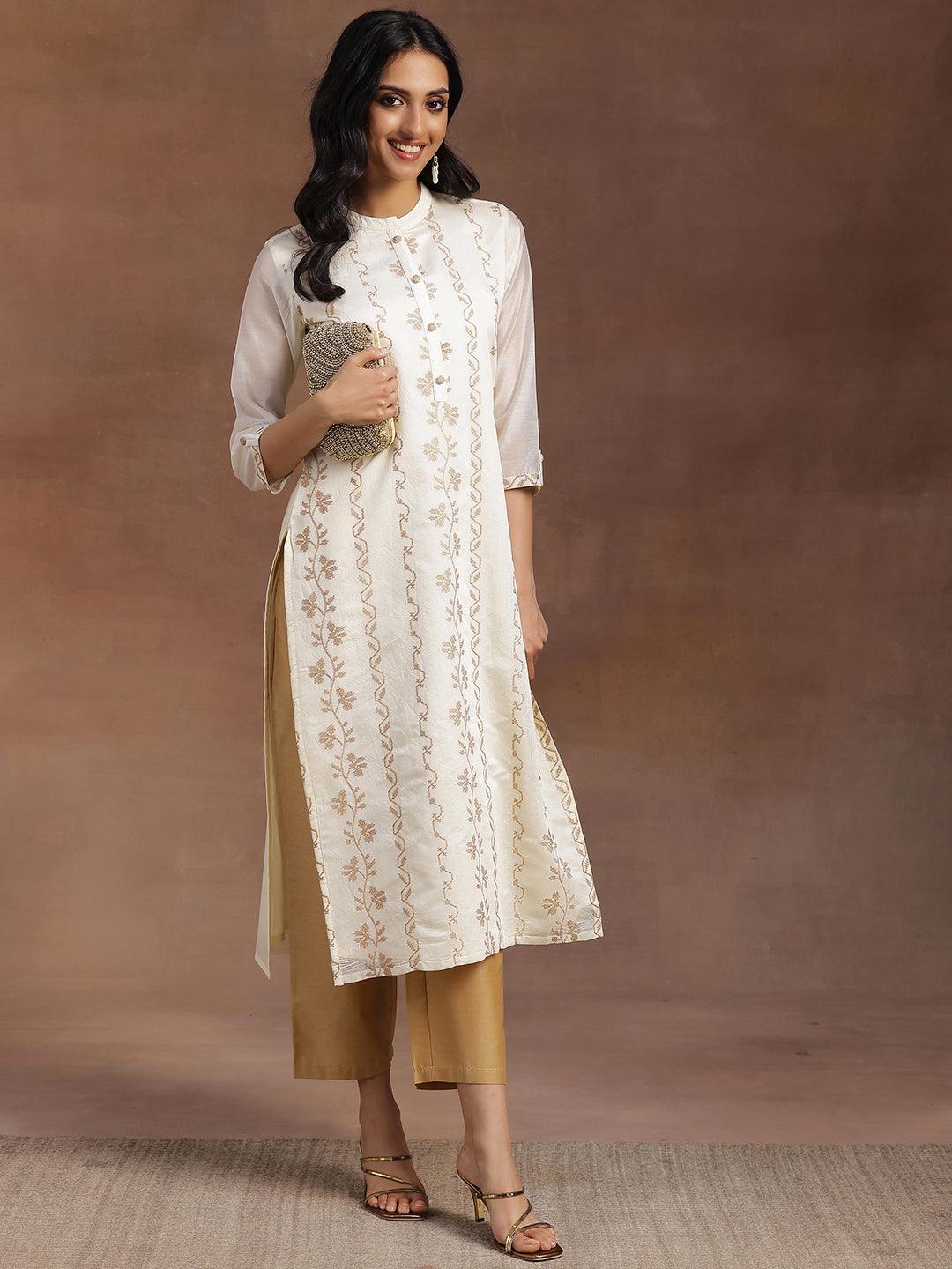 Off White Embroidered Chanderi Silk Straight Kurta - Jashvi