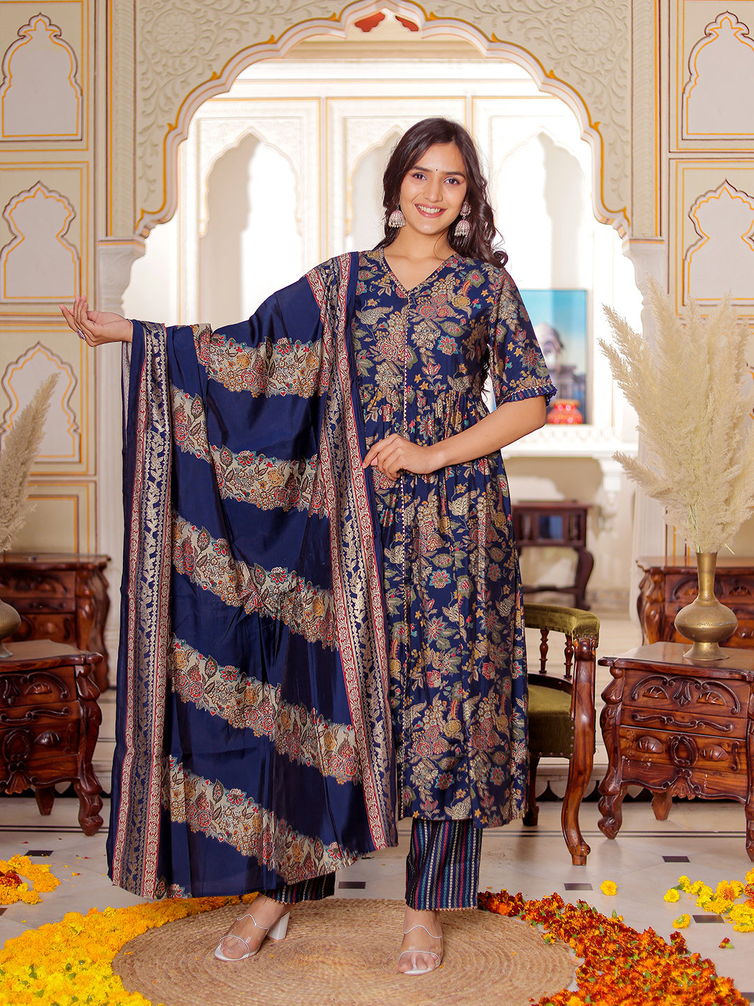 Women's Floral Printed Pleated Gotta Patti Pure Silk Kurta With Trousers & With Dupatta - Vasvi