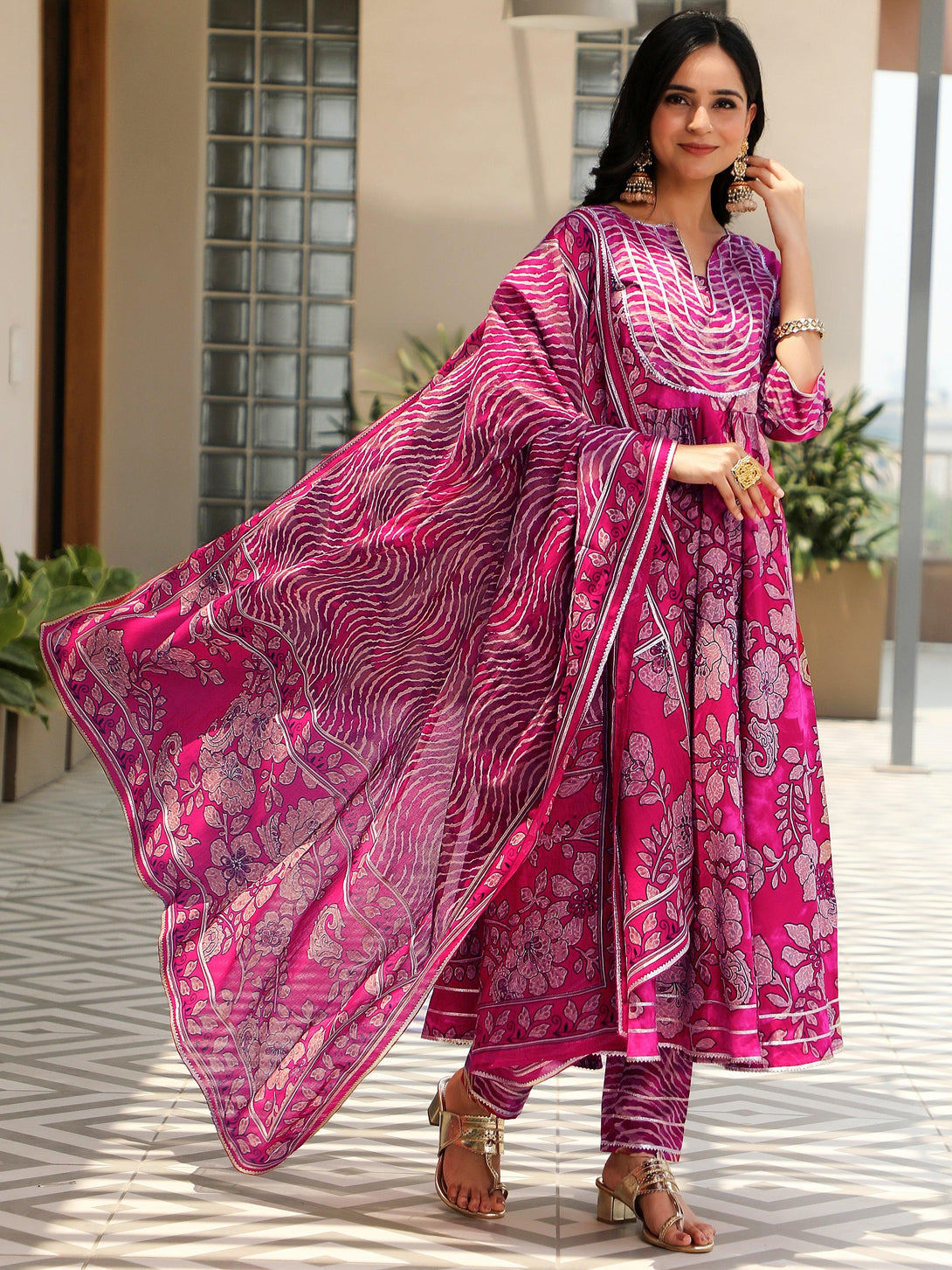 Magenta Printed Cotton Anarkali Suit With Dupatta - Jashvi