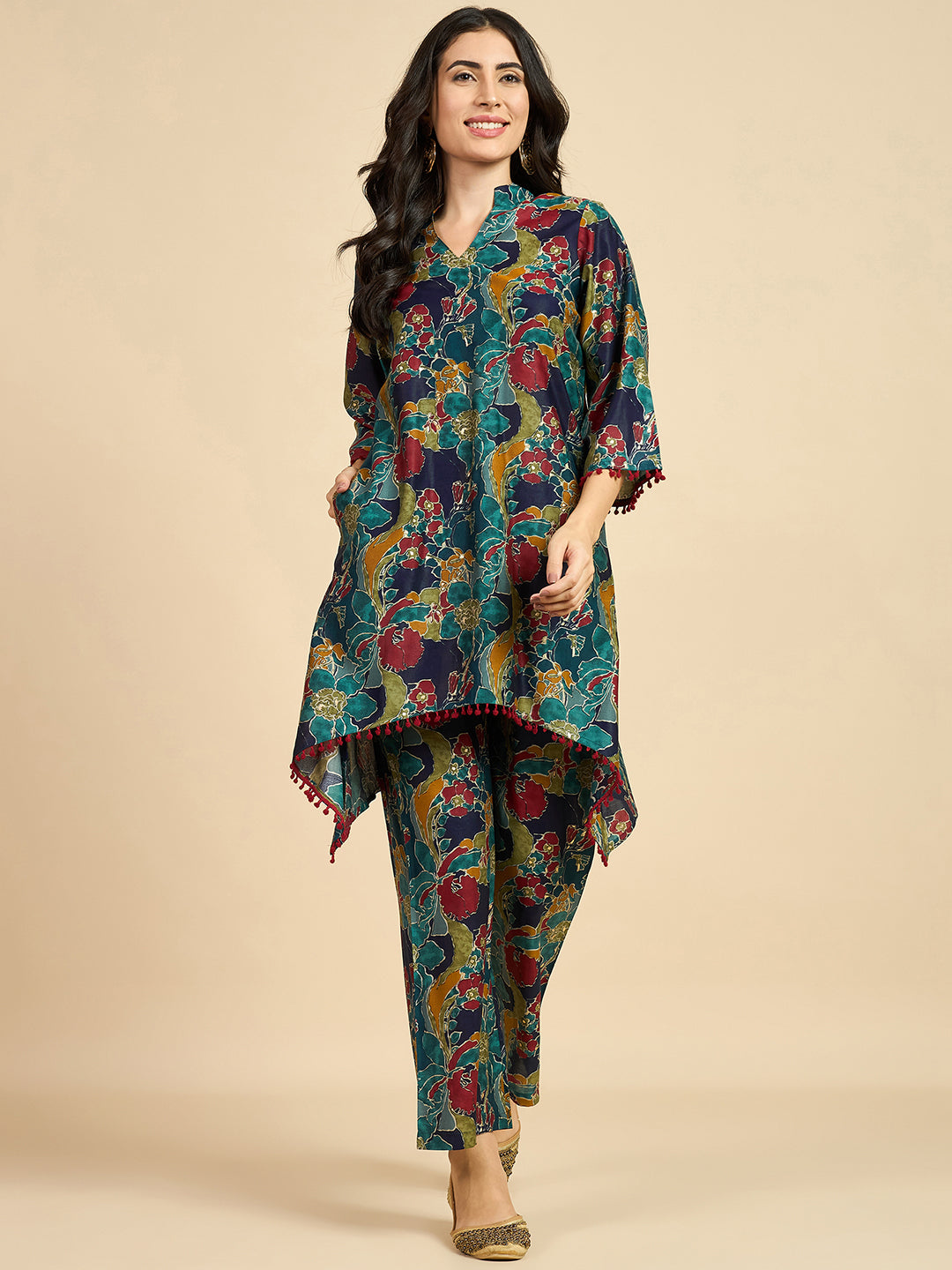 Women's Green Silk Blend Floral Printed Co-Ord Set - Azira