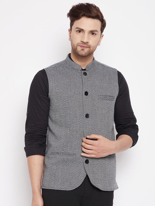 Men's Grey Color Woven Nehru Jacket - Even Apparels