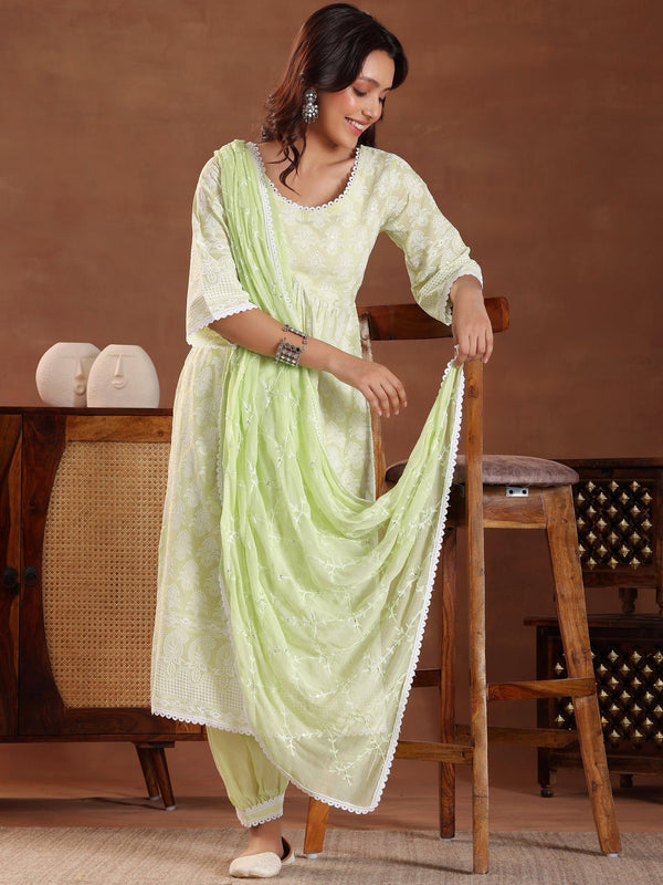 Green Embroidered Pure Cotton A-Line Kurta With Sharara & Dupatta