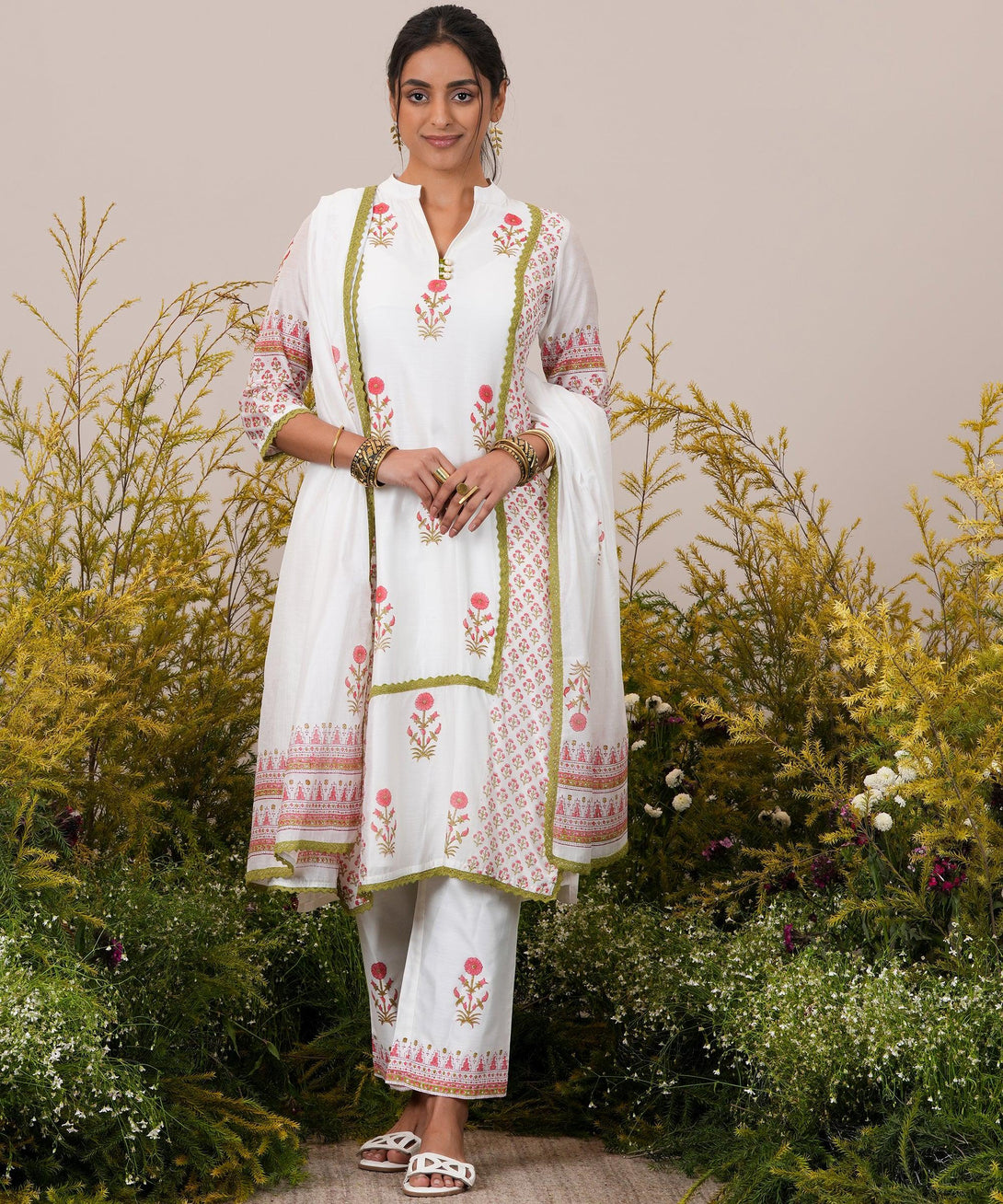 White Printed Chanderi Silk Straight Suit With Dupatta - Jashvi