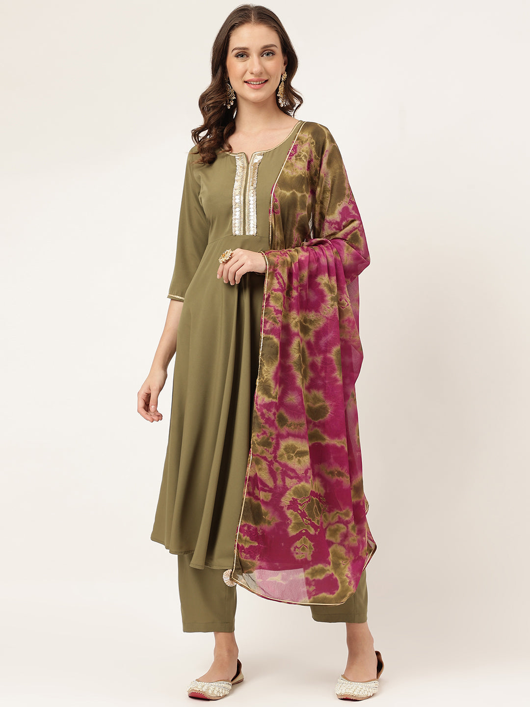 Women's Olive Poly Crepe A-Line Kurta Pant With Dupatta - Fiorra