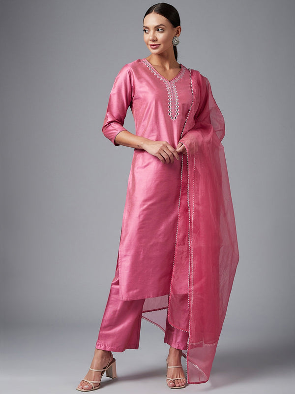 Women's Pink Solid Embroidred Side Slit Straight Kurta Palazzo And Dupatta Set - Azira