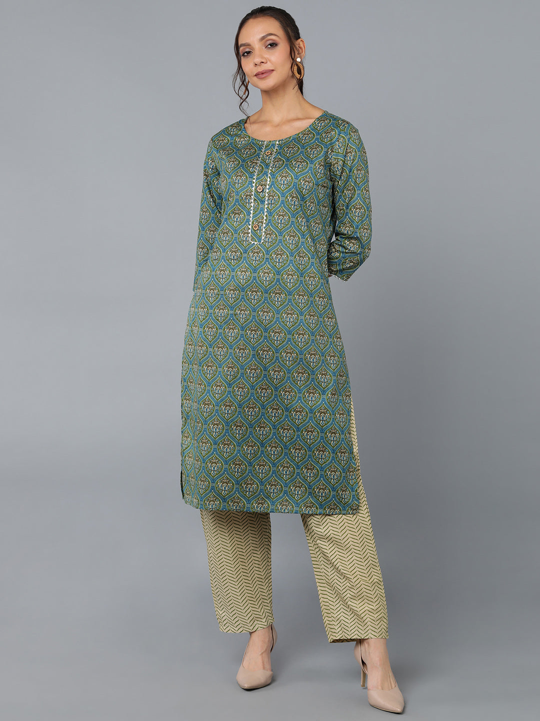 Women's Cotton Blend Printed Straight Kurta Set (Green) - Kipek