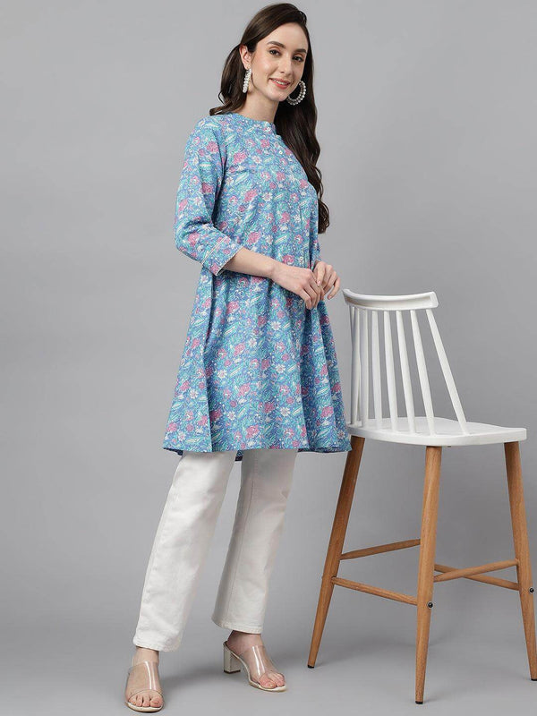 Women's Multicolor Cotton Botanical Print A-Line Tunic  - Janasya