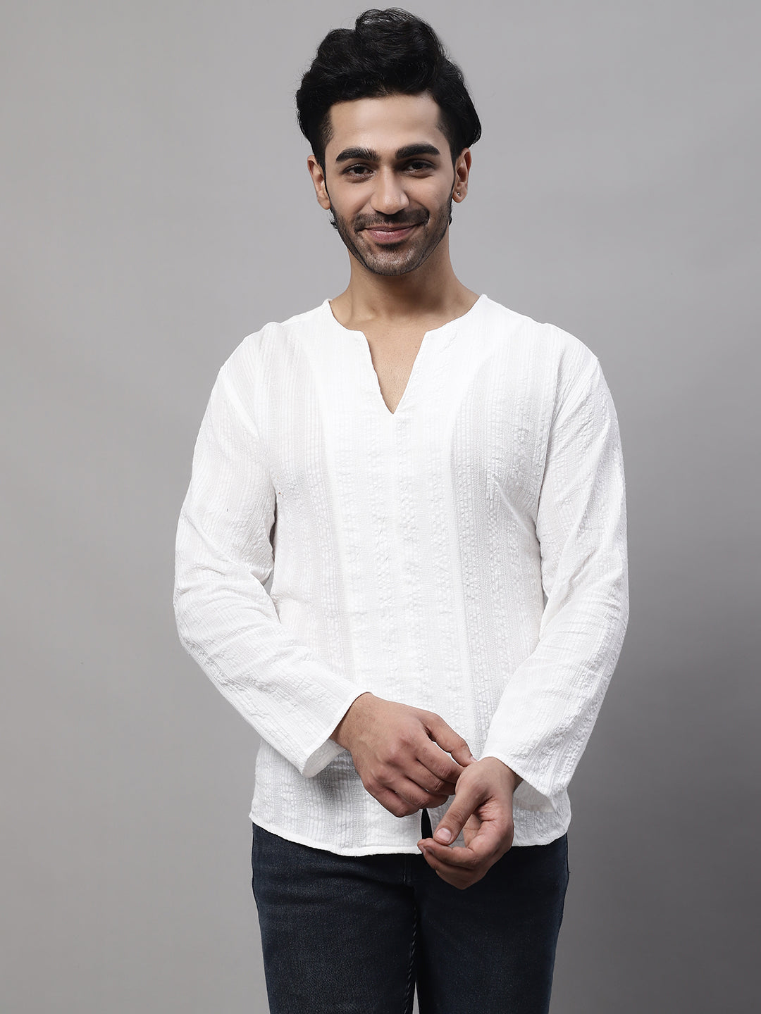 Men's White Pure Cotton Open Neck Kurta - Even Apparels