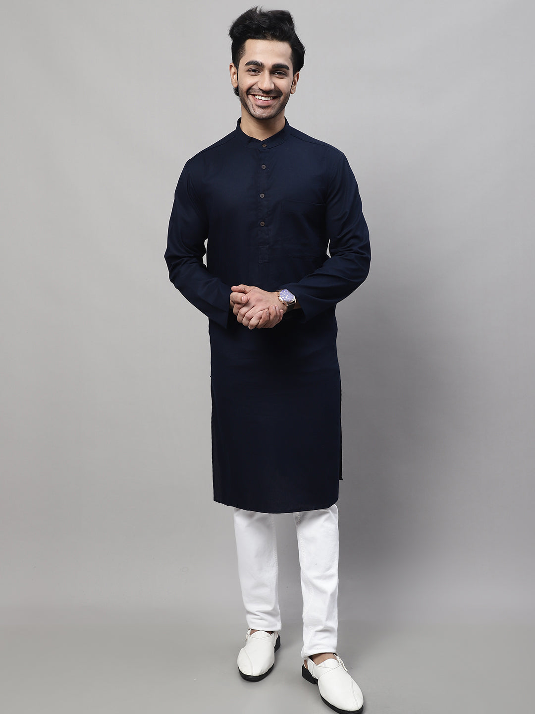 Men's Blue Pure Cotton Kurta With Band Collar - Even Apparels