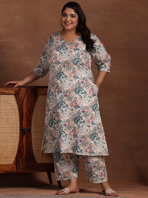 Plus Size Cream Printed Cotton Co-Ords