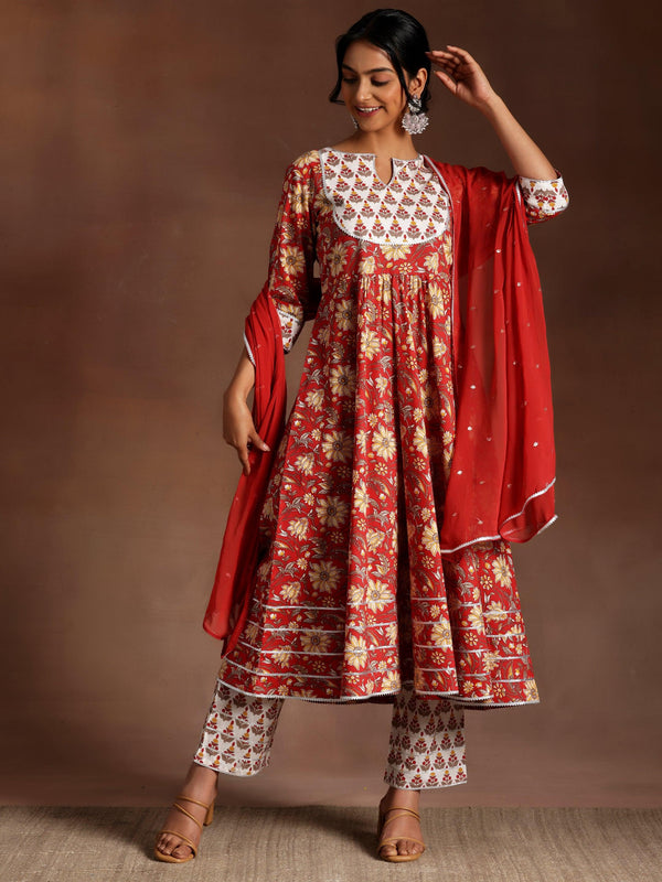 Red Printed Cotton Anarkali Suit With Dupatta - Jashvi