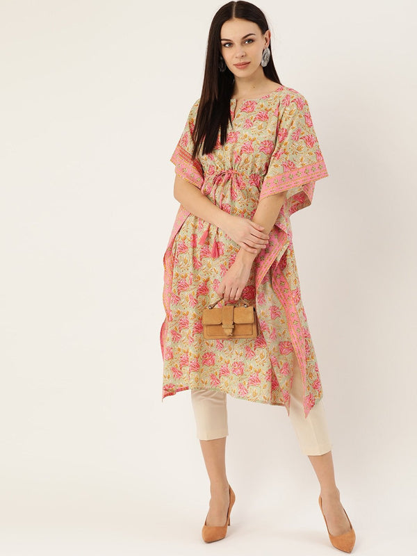 Women's Cotton Green & Pink Kaftan Kurta - Maaesa