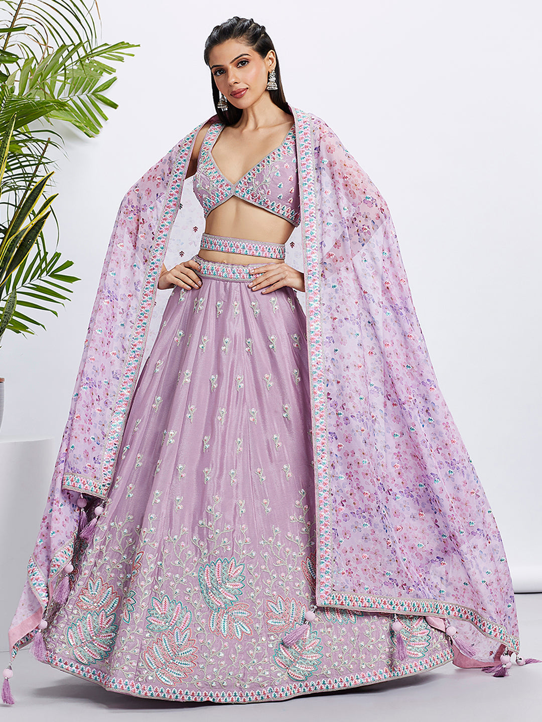 Women's Lavender Georgette Sequins And Thread Embroidery  Lehenga Choli & Dupatta - Royal Dwells