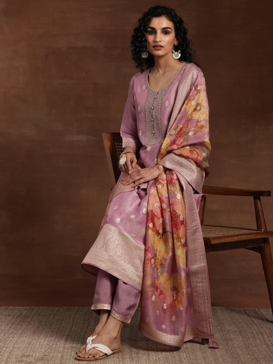 Mauve Woven Design Silk Blend Straight Kurta With Palazzos & Dupatta - Jashvi