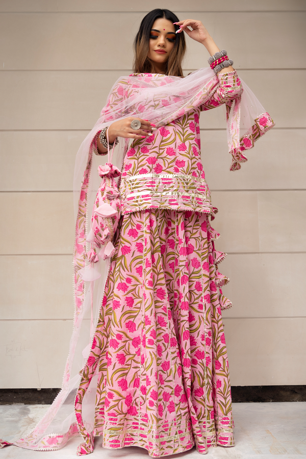 Women's Tulsi Pink Cotton Hand Block Skirt Set - Pomcha Jaipur