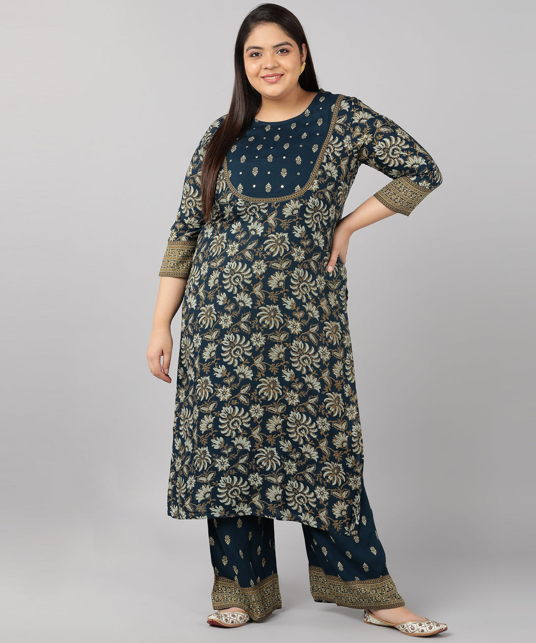 Women's Rayon Floral Print Straight Kurta Set (Navy) - Kipek