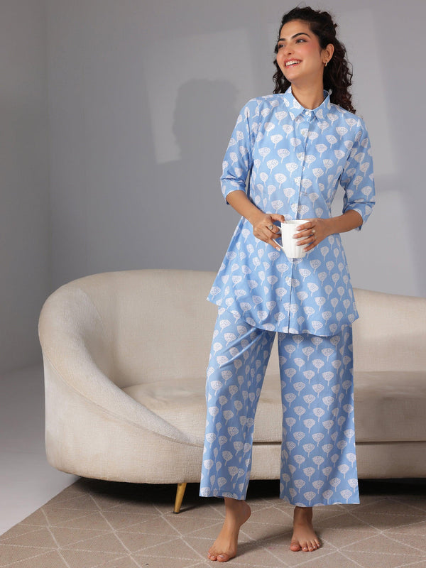 Blue Printed Cotton Night Suits - Jashvi