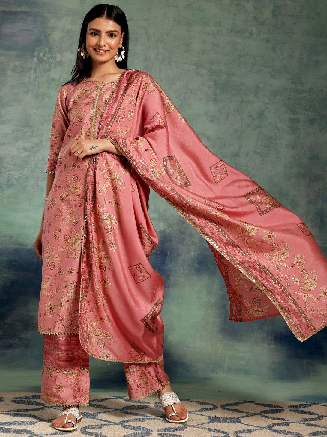 Pink Printed Silk Blend Straight Suit With Dupatta - Jashvi