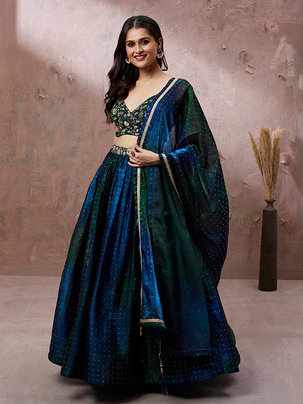 Women's Teal Organza Digital Shibori Printed Semi-Stitched Lehenga Choli & Dupatta - Royal Dwells