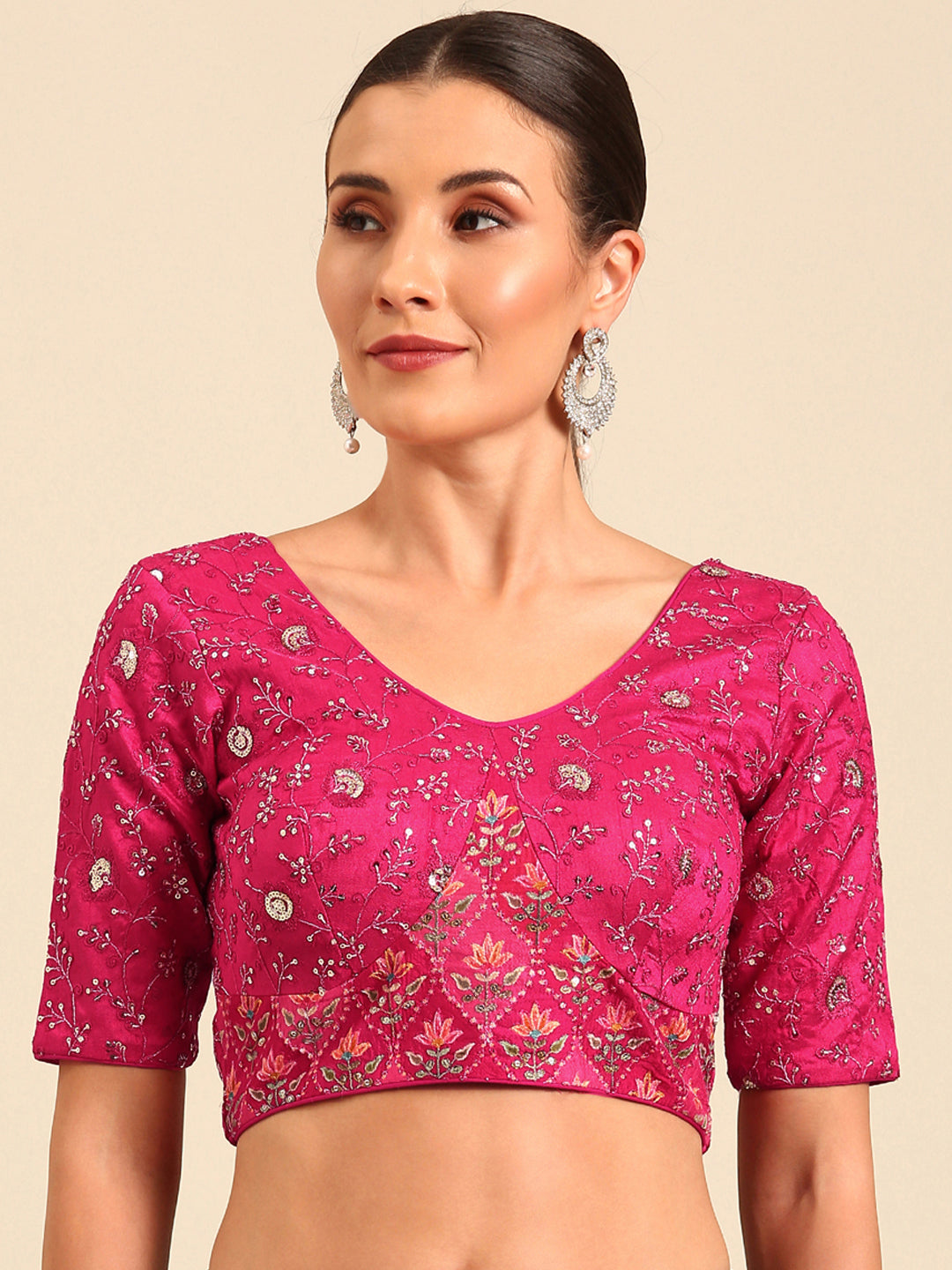 Women's Pink-Toned Pure Silk Embroidery Work Readymade Blouse - Royal Dwells