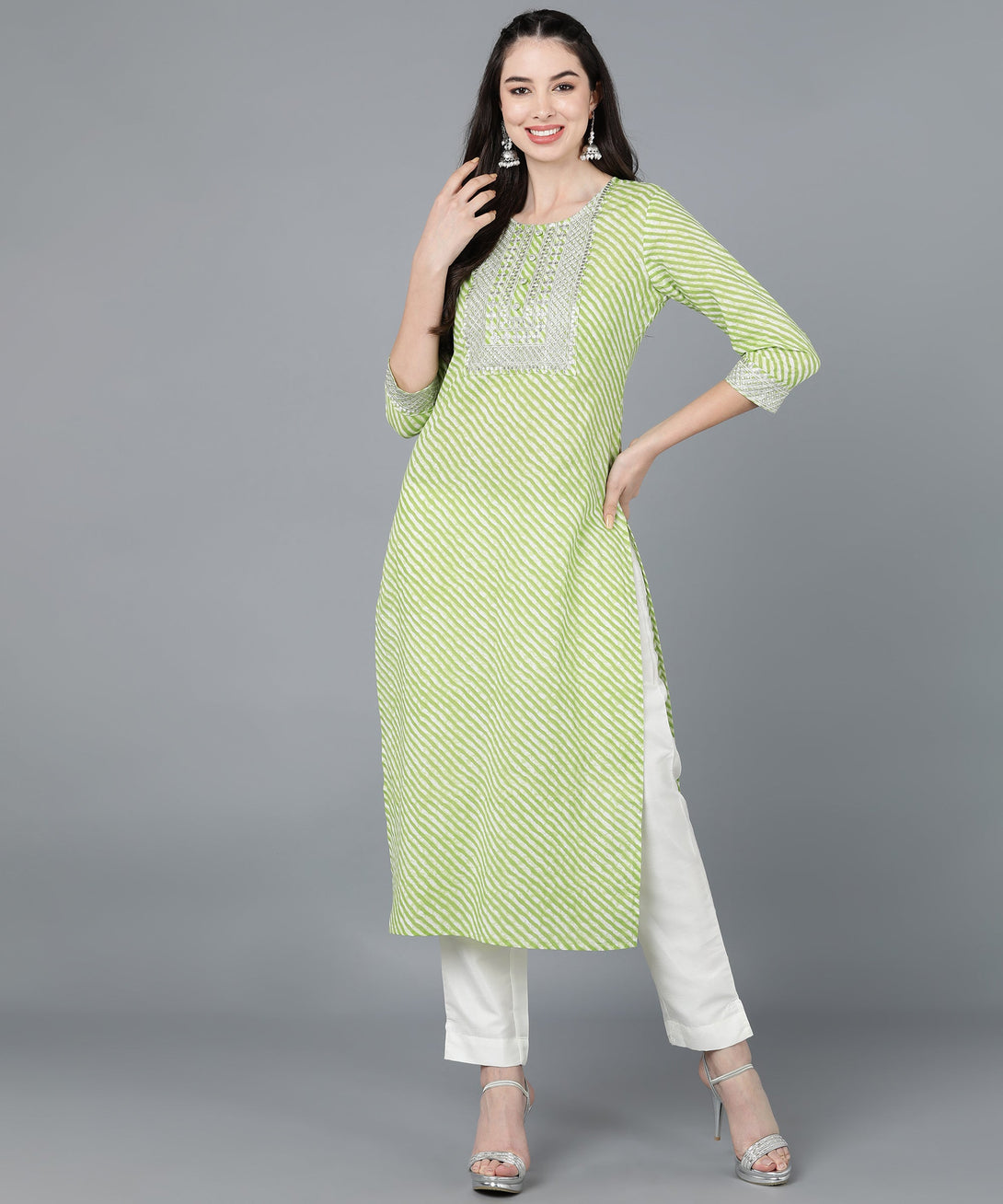 Women's Cotton Lehriya Print Straight Kurta (Light Green) - Kipek