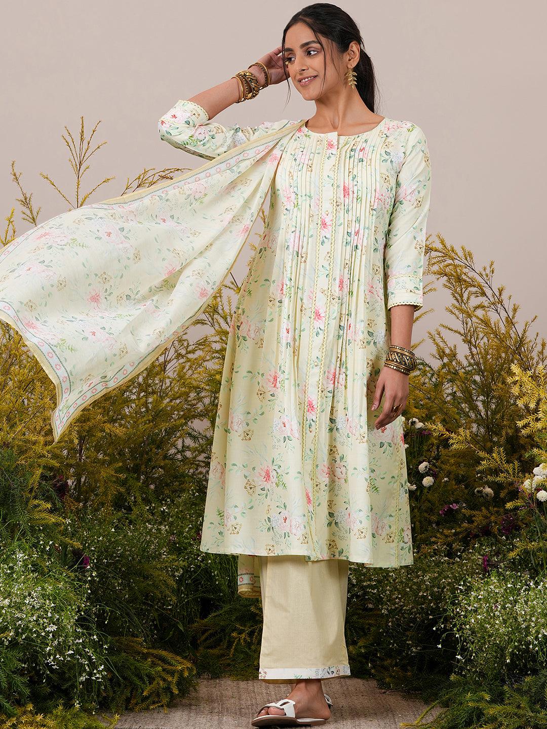 Yellow Printed Cotton Blend A-Line Kurta With Palazzos & Dupatta - Jashvi