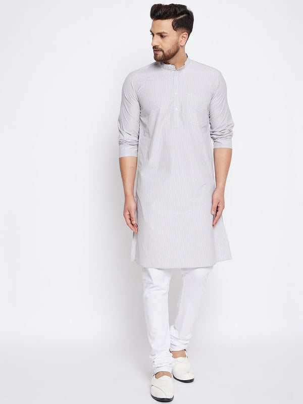 Men's Pure Cotton Striped Grey Kurta - Even Apparels