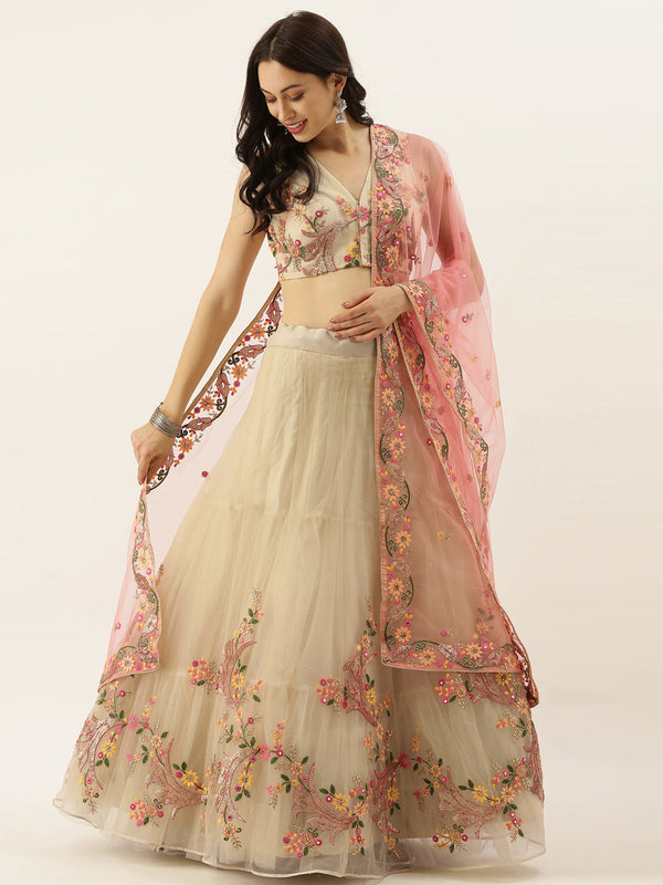 Women's Cream Net  Thread And Stone Work Lehenga Choli - Royal Dwells