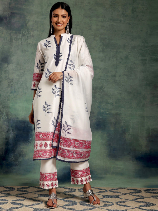 White Printed Chanderi Silk Straight Suit With Dupatta - Jashvi