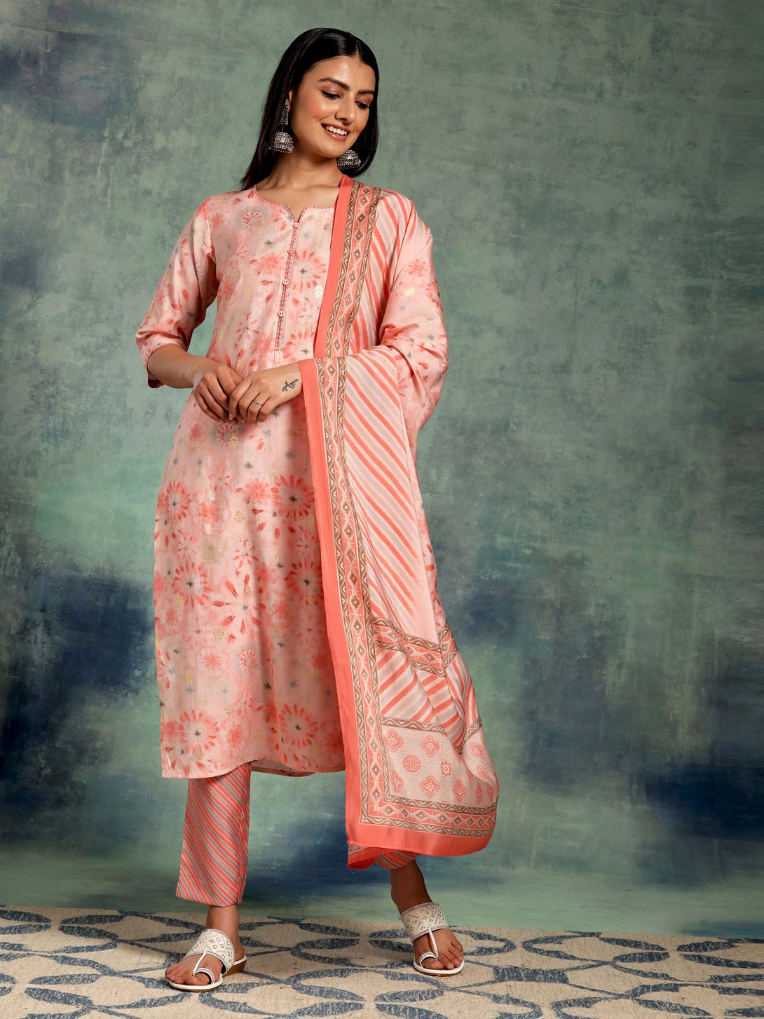 Peach Printed Silk Blend Straight Suit With Dupatta - Jashvi