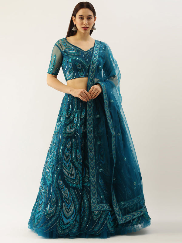 Women's Teal Net Embroidered Sequince Lehenga & Blouse With Dupatta - Royal Dwells