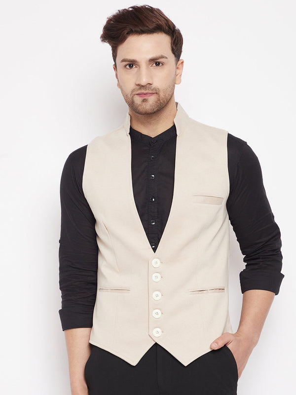 Men's Cream Color Woven Nehru Jacket - Even Apparels