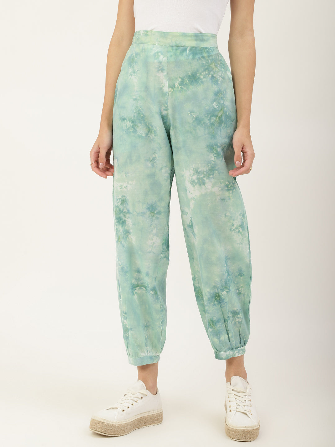 Women's Flat-Front Pants Green And Off-White Printed Mid-Rise Cropped Ethnic Joggers - Deckedup