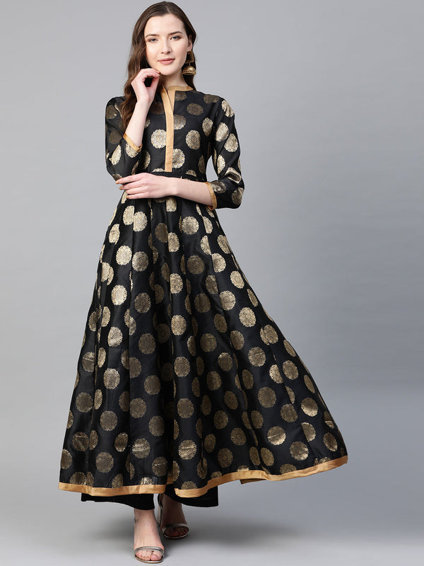 Women's  Black And Golden Ethnic Motifs Printed Brocade Raw Silk Anarkali Kurta - Bhama Couture