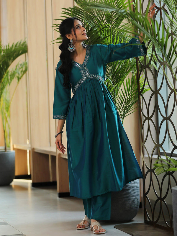 Teal Blue Solid Silk Blend A-Line Kurta With Trousers - Jashvi