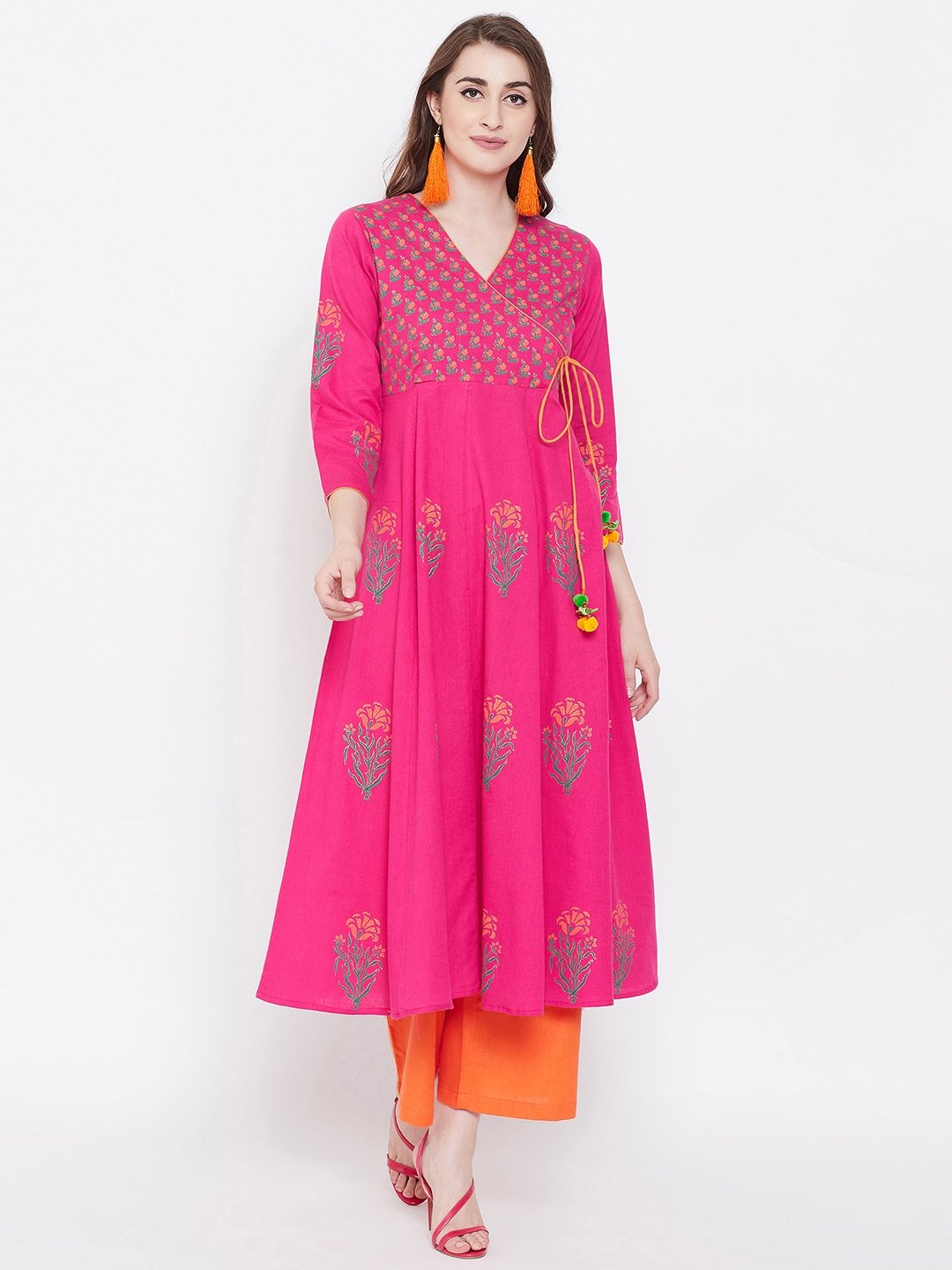 Women's Block Print Anarkali Kurta  - BitterLime