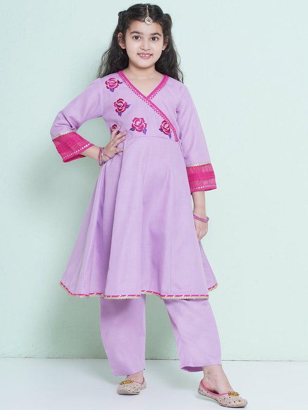 Jashvi Girls Purple Embroidered Angrakha Kurta with Trousers