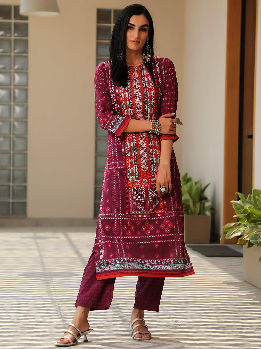 Wine Printed Poly Crepe Straight Kurta Set - Jashvi