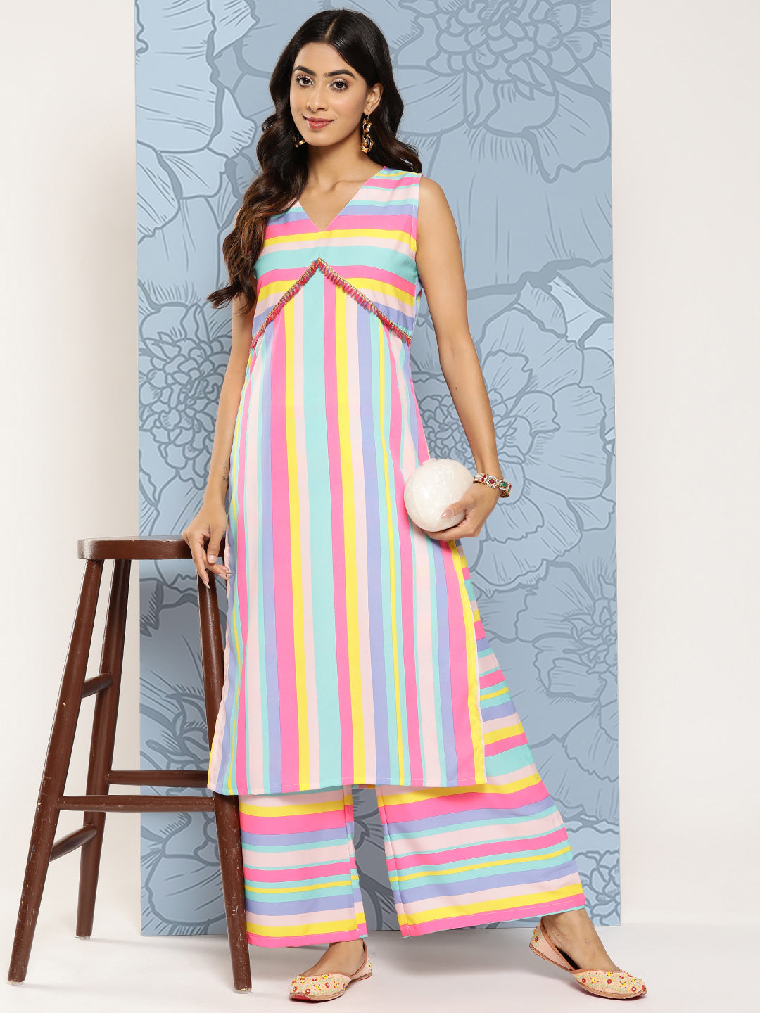 Women's Striped Empire Gotta Patti Kurta With Palazzos - Ahalyaa