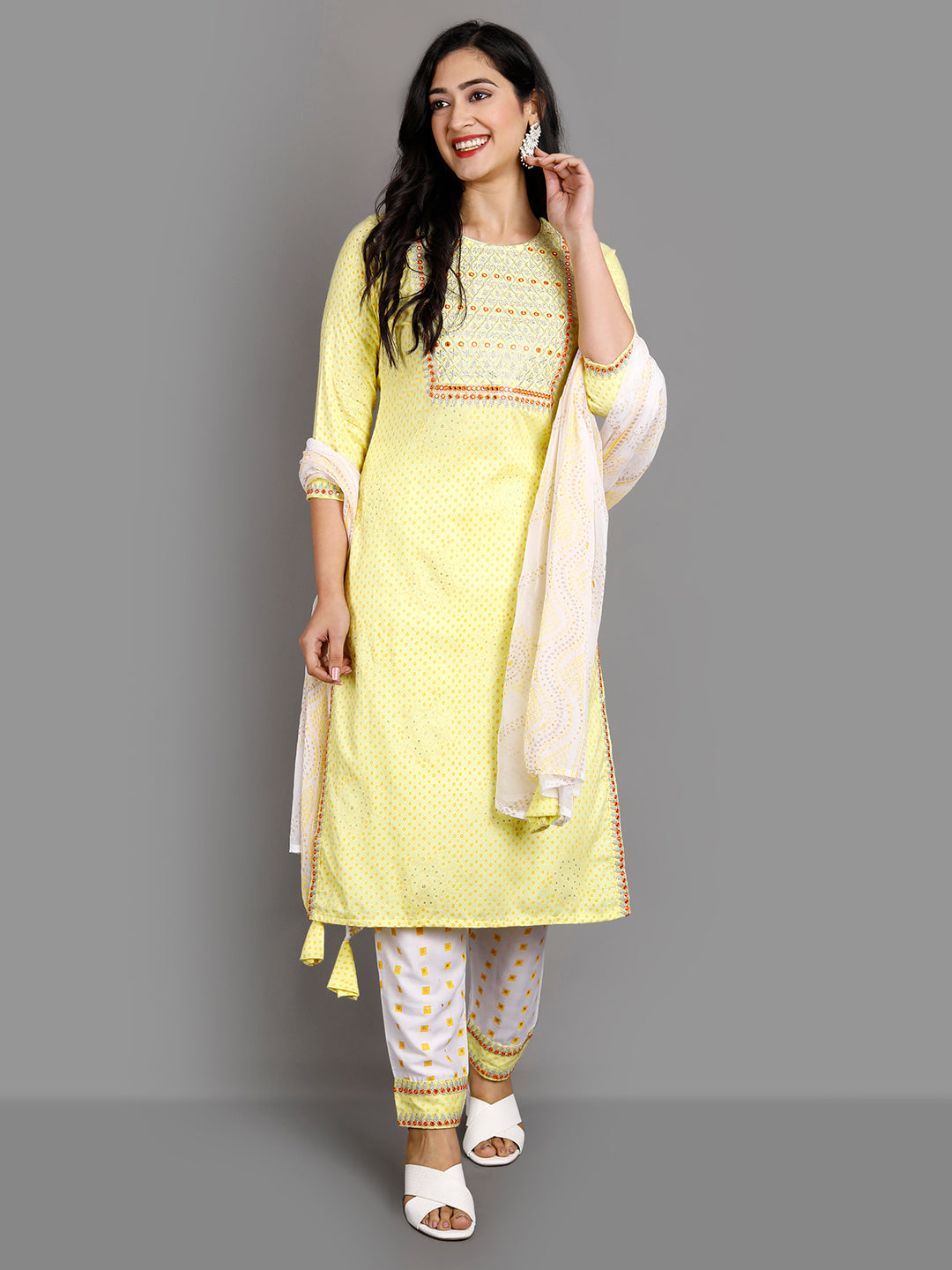 Women's Yellow Rayon Kurta Pant And Dupatta Set - Noz2Toz